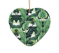 AUGUSTRUSH Ceramic Christmas Ornaments, Tropical Banana Palm Leaves,Double-Sided Tree Hanging Decor For Xmas Fireplace Party, Festive Holiday Decorative Keepsake Gift Set, Round & Heart Shape