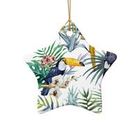 AUGUSTRUSH Ceramic Christmas Ornaments, Tropical Leaves Bird,Double-Sided Tree Hanging Decor For Xmas Fireplace Party, Festive Holiday Decorative Keepsake Gift Set, Round & Heart Shape