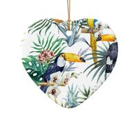 AUGUSTRUSH Ceramic Christmas Ornaments, Tropical Leaves Bird,Double-Sided Tree Hanging Decor For Xmas Fireplace Party, Festive Holiday Decorative Keepsake Gift Set, Round & Heart Shape