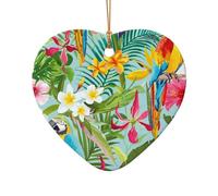 AUGUSTRUSH Ceramic Christmas Ornaments, Tropical Plants Parrots,Double-Sided Tree Hanging Decor For Xmas Fireplace Party, Festive Holiday Decorative Keepsake Gift Set, Round & Heart Shape