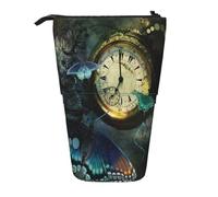 AUGUSTRUSH Clock Butterfly Stand Up Pencil Case for Girls & Boys, Cute Telescopic Pencil Holder Case for Teens & Adults, Large Storage Pencil Pen Case Organizer for School Office College