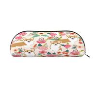 AUGUSTRUSH Leather Pencil Bag for School Office Travel, Pencil Case Pen Bag Organizer, Corgi Floral Flowers, Large Capacity Durable Zippered Pouch for Students Professionals Daily Use