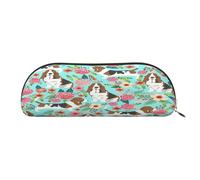 AUGUSTRUSH Leather Pencil Bag for School Office Travel, Pencil Case Pen Bag Organizer, Sweet Basset Hound Florals, Large Capacity Durable Zippered Pouch for Students Professionals Daily Use