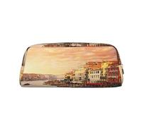 AUGUSTRUSH Leather Pencil Case for Students, Large Capacity Pencil Pouch, Beautiful Venice Canal View, Unique Zippered Pen Bag Organizer for School, Office & Travel, Durable Makeup & Stationery Bag