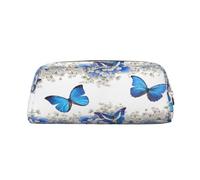 AUGUSTRUSH Leather Pencil Case For Students, Large Capacity Pencil Pouch, Blue Butterflies White Flowers, Unique Zippered Pen Bag Organizer For School, Office & Travel, Durable Makeup & Stationery Bag