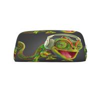 AUGUSTRUSH Leather Pencil Case for Students, Large Capacity Pencil Pouch, Chameleon Listen Music, Unique Zippered Pen Bag Organizer for School, Office & Travel, Durable Makeup & Stationery Bag