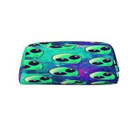 AUGUSTRUSH Leather Pencil Case for Students, Large Capacity Pencil Pouch, Green Aliens, Unique Zippered Pen Bag Organizer for School, Office & Travel, Durable Makeup & Stationery Bag