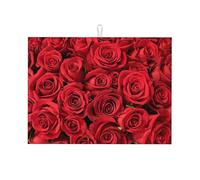 AUGUSTRUSH Microfiber Dish Drying Mat for Kitchen Counter 61x46 Cm, Red Rose Draining Mat, Quick Dry Coffee Machine Mat, Absorbent Foldable Sink Mat, Large Dish Drying Pad, Washable
