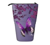 AUGUSTRUSH Purple Plum Butterfly Stand Up Pencil Case for Girls & Boys, Cute Telescopic Pencil Holder Case for Teens & Adults, Large Storage Pencil Pen Case Organizer for School Office College