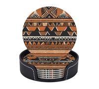 AUGUSTRUSH Round PU Leather Coasters Set of 6, African Mud Cloth Tribal Print coaster with Storage Box, Heat-Resistant Non-Slip Drink Pads for Kitchen Desk Office Dining Table