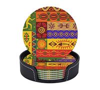 AUGUSTRUSH Round PU Leather Coasters Set of 6, African National Patterns Print coaster with Storage Box, Heat-Resistant Non-Slip Drink Pads for Kitchen Desk Office Dining Table