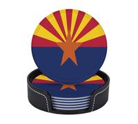 AUGUSTRUSH Round PU Leather Coasters Set of 6, Arizona Flag Print coaster with Storage Box, Heat-Resistant Non-Slip Drink Pads for Kitchen Desk Office Dining Table