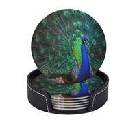 AUGUSTRUSH Round PU Leather Coasters Set of 6, Beautiful peacock Print coaster with Storage Box, Heat-Resistant Non-Slip Drink Pads for Kitchen Desk Office Dining Table