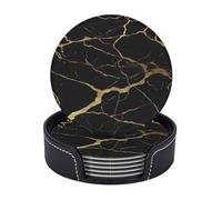 AUGUSTRUSH Round PU Leather Coasters Set of 6, Black Gold Marble Print coaster with Storage Box, Heat-Resistant Non-Slip Drink Pads for Kitchen Desk Office Dining Table