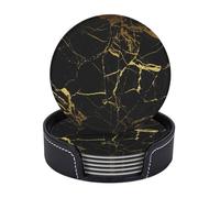 AUGUSTRUSH Round PU Leather Coasters Set of 6, Black marble Print coaster with Storage Box, Heat-Resistant Non-Slip Drink Pads for Kitchen Desk Office Dining Table