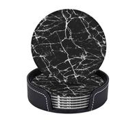 AUGUSTRUSH Round PU Leather Coasters Set of 6, Black Marble Print coaster with Storage Box, Heat-Resistant Non-Slip Drink Pads for Kitchen Desk Office Dining Table