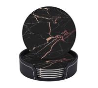 AUGUSTRUSH Round PU Leather Coasters Set of 6, Black rose gold Marble Print coaster with Storage Box, Heat-Resistant Non-Slip Drink Pads for Kitchen Desk Office Dining Table