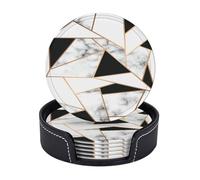 AUGUSTRUSH Round PU Leather Coasters Set of 6, Black White Marble Texture Print coaster with Storage Box, Heat-Resistant Non-Slip Drink Pads for Kitchen Desk Office Dining Table