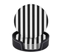 AUGUSTRUSH Round PU Leather Coasters Set of 6, Black White Stripes Print coaster with Storage Box, Heat-Resistant Non-Slip Drink Pads for Kitchen Desk Office Dining Table
