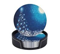 AUGUSTRUSH Round PU Leather Coasters Set of 6, Blue christmas snowflake Print coaster with Storage Box, Heat-Resistant Non-Slip Drink Pads for Kitchen Desk Office Dining Table