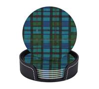 AUGUSTRUSH Round PU Leather Coasters Set of 6, Blue Green Scottish Tartan Print coaster with Storage Box, Heat-Resistant Non-Slip Drink Pads for Kitchen Desk Office Dining Table
