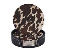 AUGUSTRUSH Round PU Leather Coasters Set of 6, brown cowhide Print coaster with Storage Box, Heat-Resistant Non-Slip Drink Pads for Kitchen Desk Office Dining Table