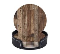 AUGUSTRUSH Round PU Leather Coasters Set of 6, Brown Wood Print coaster with Storage Box, Heat-Resistant Non-Slip Drink Pads for Kitchen Desk Office Dining Table