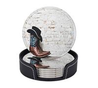 AUGUSTRUSH Round PU Leather Coasters Set of 6, Cowboy Hat Boots Print coaster with Storage Box, Heat-Resistant Non-Slip Drink Pads for Kitchen Desk Office Dining Table