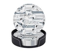 AUGUSTRUSH Round PU Leather Coasters Set of 6, Cute Dachshund Dog Print coaster with Storage Box, Heat-Resistant Non-Slip Drink Pads for Kitchen Desk Office Dining Table