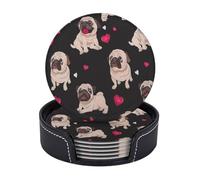 AUGUSTRUSH Round PU Leather Coasters Set of 6, Cute Pug Print coaster with Storage Box, Heat-Resistant Non-Slip Drink Pads for Kitchen Desk Office Dining Table