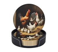 AUGUSTRUSH Round PU Leather Coasters Set of 6, Farm Chickens Print coaster with Storage Box, Heat-Resistant Non-Slip Drink Pads for Kitchen Desk Office Dining Table