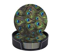 AUGUSTRUSH Round PU Leather Coasters Set of 6, Fresh peacock Print coaster with Storage Box, Heat-Resistant Non-Slip Drink Pads for Kitchen Desk Office Dining Table