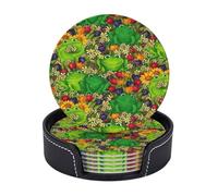 AUGUSTRUSH Round PU Leather Coasters Set of 6, frog Print coaster with Storage Box, Heat-Resistant Non-Slip Drink Pads for Kitchen Desk Office Dining Table