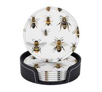 AUGUSTRUSH Round PU Leather Coasters Set of 6, Funny Bees Print coaster with Storage Box, Heat-Resistant Non-Slip Drink Pads for Kitchen Desk Office Dining Table