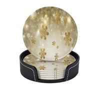 AUGUSTRUSH Round PU Leather Coasters Set of 6, Gold silk christmas Print coaster with Storage Box, Heat-Resistant Non-Slip Drink Pads for Kitchen Desk Office Dining Table