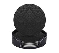AUGUSTRUSH Round PU Leather Coasters Set of 6, gothic wallpaper skull Print coaster with Storage Box, Heat-Resistant Non-Slip Drink Pads for Kitchen Desk Office Dining Table