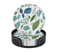 AUGUSTRUSH Round PU Leather Coasters Set of 6, Green Eucalyptus Leaves Print coaster with Storage Box, Heat-Resistant Non-Slip Drink Pads for Kitchen Desk Office Dining Table