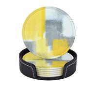 AUGUSTRUSH Round PU Leather Coasters Set of 6, Grey Yellow Abstract Print coaster with Storage Box, Heat-Resistant Non-Slip Drink Pads for Kitchen Desk Office Dining Table