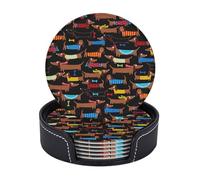 AUGUSTRUSH Round PU Leather Coasters Set of 6, I Love My Dog Dachshunds Print coaster with Storage Box, Heat-Resistant Non-Slip Drink Pads for Kitchen Desk Office Dining Table