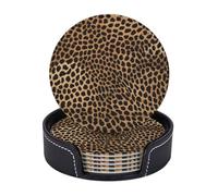 AUGUSTRUSH Round PU Leather Coasters Set of 6, Leopard Print coaster with Storage Box, Heat-Resistant Non-Slip Drink Pads for Kitchen Desk Office Dining Table