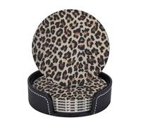 AUGUSTRUSH Round PU Leather Coasters Set of 6, Leopard Print coaster with Storage Box, Heat-Resistant Non-Slip Drink Pads for Kitchen Desk Office Dining Table