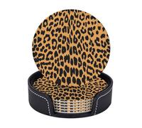 AUGUSTRUSH Round PU Leather Coasters Set of 6, Leopard Print coaster with Storage Box, Heat-Resistant Non-Slip Drink Pads for Kitchen Desk Office Dining Table
