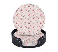 AUGUSTRUSH Round PU Leather Coasters Set of 6, lovely sweet red cherry Print coaster with Storage Box, Heat-Resistant Non-Slip Drink Pads for Kitchen Desk Office Dining Table