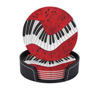 AUGUSTRUSH Round PU Leather Coasters Set of 6, Music Note Piano Print coaster with Storage Box, Heat-Resistant Non-Slip Drink Pads for Kitchen Desk Office Dining Table