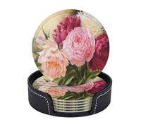 AUGUSTRUSH Round PU Leather Coasters Set of 6, peony flowers blossom Print coaster with Storage Box, Heat-Resistant Non-Slip Drink Pads for Kitchen Desk Office Dining Table