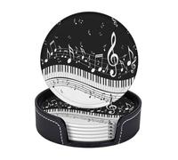 AUGUSTRUSH Round PU Leather Coasters Set of 6, Piano Keys Musical Notes Print coaster with Storage Box, Heat-Resistant Non-Slip Drink Pads for Kitchen Desk Office Dining Table