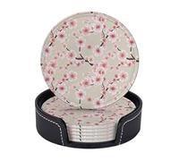 AUGUSTRUSH Round PU Leather Coasters Set of 6, Pink cherry blossoms Print coaster with Storage Box, Heat-Resistant Non-Slip Drink Pads for Kitchen Desk Office Dining Table