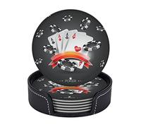 AUGUSTRUSH Round PU Leather Coasters Set of 6, Poker Tournament Print coaster with Storage Box, Heat-Resistant Non-Slip Drink Pads for Kitchen Desk Office Dining Table