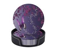 AUGUSTRUSH Round PU Leather Coasters Set of 6, Purple plum butterfly Print coaster with Storage Box, Heat-Resistant Non-Slip Drink Pads for Kitchen Desk Office Dining Table