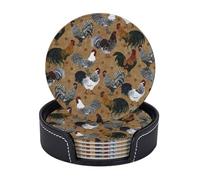AUGUSTRUSH Round PU Leather Coasters Set of 6, Rooster Chicken Print coaster with Storage Box, Heat-Resistant Non-Slip Drink Pads for Kitchen Desk Office Dining Table